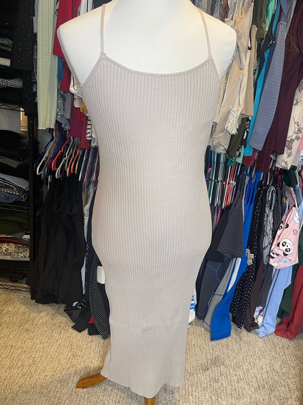 H&M Neutral Ribbed Spaghetti-Strap Ankle Length Dress in Taupe
